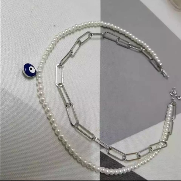 18k Gold Filled Evil Eye and Pearl Layered Choker Necklace - Picture 2 of 3